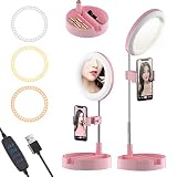 Selfie Light Ring Con Trucco Dello Specchio, Il Supporto Del Telefono, Basamento Allungabile, Archiviazione Desktop, Oscurabile Scrivania Trucco Leggero Anello A LED, 3 Illuminazione Modalità ,Rosa