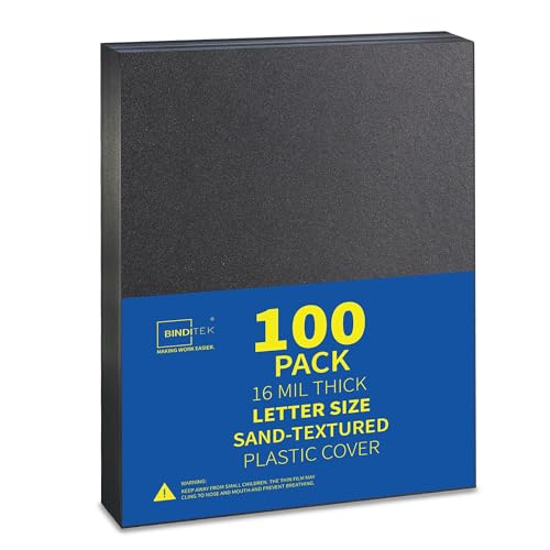 Binditek 100 Pack 16 Mil Sand-Textured Polycover - Plastic Binding Cover for Letter Size - Business Reports and Proposals - Lightly Sanded Finish - Square Corners, Un-Punched, Black