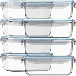Razab 16 Pc (Set of 8) 30 Oz Glass Meal Prep Containers with Lids, Airtight Large Glass Food Storage Containers, Reusable Leak Proof BPA Free, Freezer to Oven and Dishwasher Safe