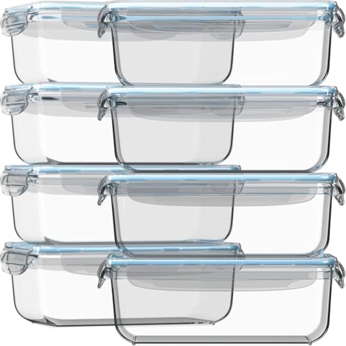 Razab 16 Pc (Set of 8) 30 Oz Glass Meal Prep Containers with Lids, Airtight Large Glass Food Storage Containers, Reusable Leak Proof BPA Free, Freezer to Oven and Dishwasher Safe by Razab - Used condition - US$26.99