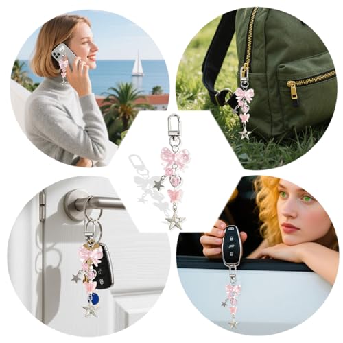 FRZSHENG Charm Chain Accessories for E-Reader, 3PCS Pearl Bow Keychain, Butterfly Dust Plug, Heart Hook, Cute Charms for Tablet, Phone, Device Decorating Gifts(Pink 2)