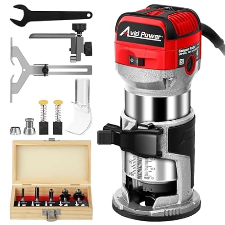 AVID POWER 6.5 Amp 1.25 HP Compact Router Tools for Woodworking, Fixed Base Wood Router with Trim Router Bits, 6 Variable Speeds, Edge Guide, Roller Guide, Dust Hood (Red, 65mm)