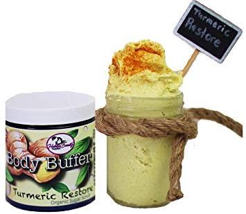 Whipped Turmeric & Sugar Body Buffer | 100% Organic | Whipped Sugar Scrub | 8 Ounce Exfoliating Sugar Scrub | Lemongrass & Mango Scented Body Scrub | Foaming Bath Butter Scrub | Habbie Beauty Supplies