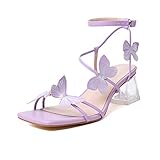 Zamikoo Women's Ankle Strap Block Heel Sandals, Open Toe Butterfly Heels, Square Toe Strappy Chunky Low Clear Heeled Sandals Purple Heels 2 Inches US Size 9