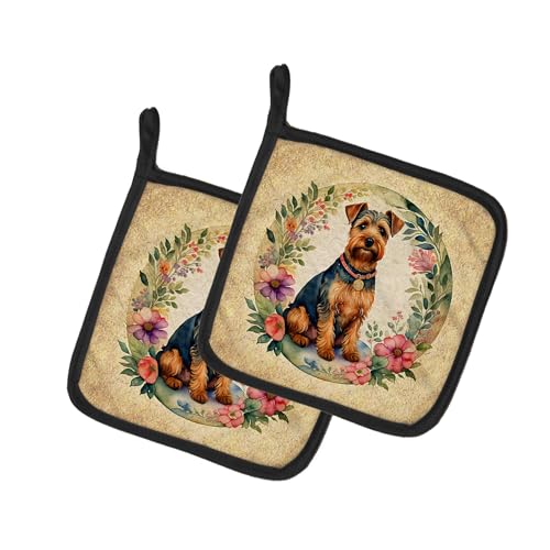 Caroline's Treasures Welsh Terrier and Flowers Pair of Pot Holders Kitchen Heat Resistant Pot Holders Sets Oven Hot Pads for Cooking Baking BBQ, 7 1/2 x 7 1/2