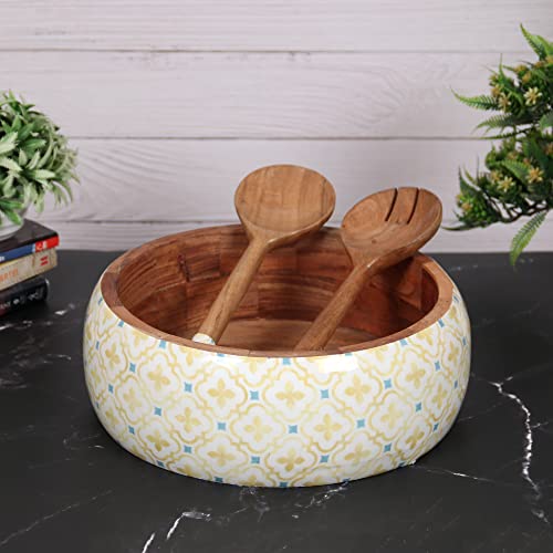 Lavaux Designs Extra Large Acacia Wood Serving Bowl With 2 Servers | 12X4 Inches| 4.5 Quarts Capacity | Food Safe Coating | Use For Salad Mixing, Fruit, Punch, Pasta, Decorative Bowl (Moroccan Yellow) #TOP4