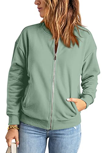 Gegekoko Womens Zip Up Sweatshirts Loose Casual Long Sleeve Jackets No Hood Green Mint #TOP3