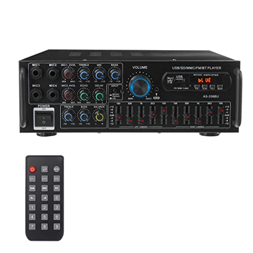 Power Amplifiers 2000W Wireless Bluetooth 5.0 Audio, 2 Channel Stereo Sound Audio Receiver w/R&L Channel EQ Adjustment, USB/SD, RCA, DVD/AUX, FM, 4 MICS Input for Home Theater Speaker Use (AS-336BU)