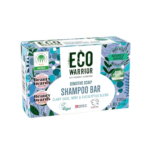 Eco Warrior Sensitive Shampoo Bar, 100g | Natural, Vegan, Cruelty Free, Eco Friendly, No SLS or Parabens | Deeply Nourishing White Clay & Clary Sage Oil | Soothing Mint Eucalyptus Essential Oils