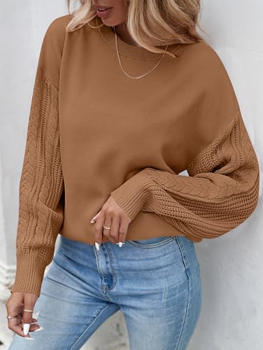 Zesica Women'S 2024 Fall Long Sleeve Crew Neck Solid Color Cable Knit Chunky Casual Oversized Pullover Sweater Tops,Camel,Large thumb #1