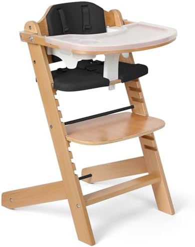 Cowiewie Natural Wooden High Chair for Babies & Toddlers 3-Tier Remove & 2 Adjustable Tray, 8 Adjustable Highchair with Cushions, Easy to Clean (Black)