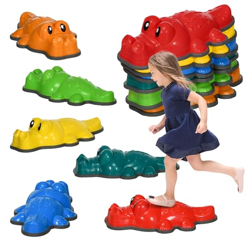 ZONEKIZ Kids Stepping Stones, 6PCs Balance River Stones, Crocodile-Designed Sensory Toy with Anti-Slip Edge, Indoor Outdoor Obstacle Courses, Stackable
