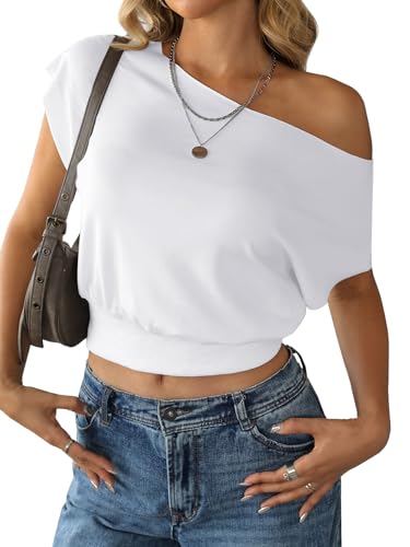 Image of SOFIA'S CHOICE Women's Off The Shoulder T Shirt Crop Top Casual Summer Dolman Sleeve Asymmetrical Cinched Waist Tops