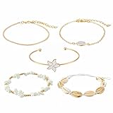 DGZTWLL 5 STÜCKE Boho Armband Set Mit Blumenhülse Armband Mit Muschelperlen Armreif Modeschmuck Für Frauen Und Mädchen Damenuhr Mit Breitem Lederarmband
