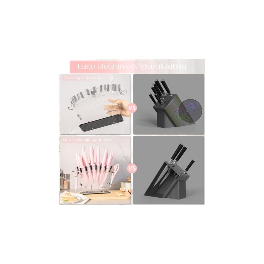 Astercook Kitchen Knife Set with Block and Sharpener 22 Piece German High Carbon Stainless Steel Knives Sharp Blade Dishwasher Safe Knife Set with Anti-slip Ergonomic Handle, Crystal Pink