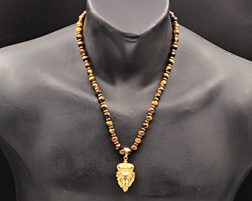 Men's Zirconia Lion Pendant Necklace Men's Natural Tiger Eye Beaded Protection Healing Gemstone Gift For Him Unisex Christmas Gift #TOP1