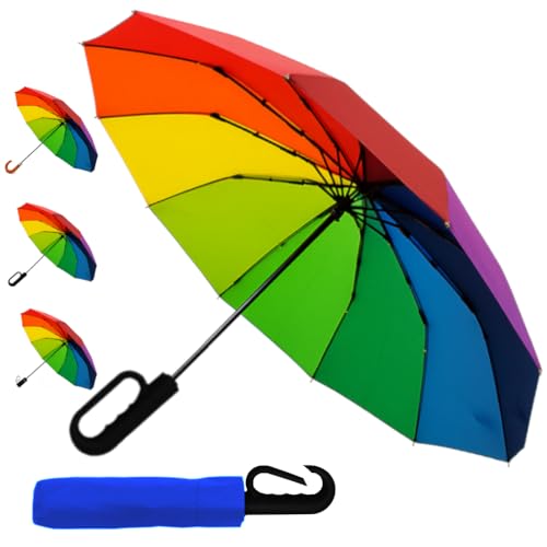 Rare 12 Rib Rainbow Umbrella Automatic Compact - 50MPH Strong Windproof Small Umbrella Folding Foldable Frame - Best for Auto Open and Close - Multicoloured Bright - Carabiner Handle