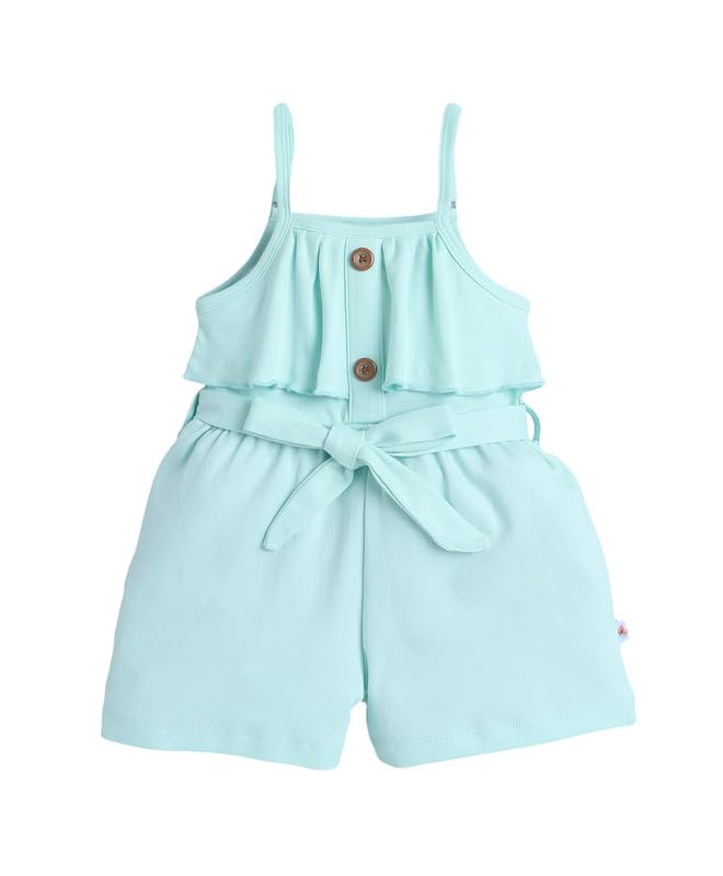 Image of BUMZEE Baby Girls Regular Fit Sleeveless Square Neck Cotton Above Knee Jumpsuit With Belt