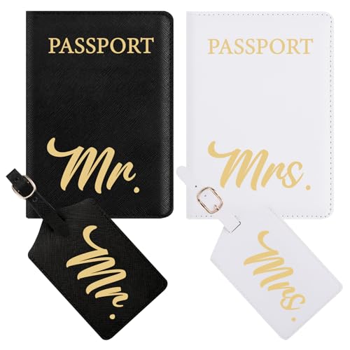 Mr and Mrs Passport Holder and Luggage Tags Set, Bridal Shower Gift Wedding Gift for Couples Newlyweds Engagement Gift Mr and Mrs Gifts Honeymoon Travel Essentials for Women Men (Black & White)
