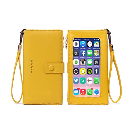 Image of myfriday Touch Screen RFID Phone Crossbody Purse with 2 Straps for Women | Clear phone window, RFID card space, 11 slots and zip pockets support quick calls, errands, theme parks and travel