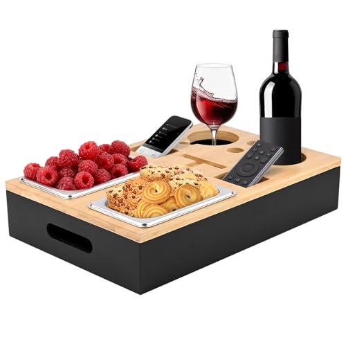 Dreamhigh® Couchbar Snackbox, Couch Bar mit 2 Edelstahl Snackschalen, Organizer und Flaschenhalter, Sofatablett Sofa Snackspender aus Premium Bambus - Tolles Geschenk, Schwarz Dreamhigh® Couchbar Snackbox, Couch Bar mit 2 Edelstahl Snackschalen, Organizer und Flaschenhalter, Sofatablett Sofa Snackspender aus Premium Bambus - Tolles Geschenk, Schwarz