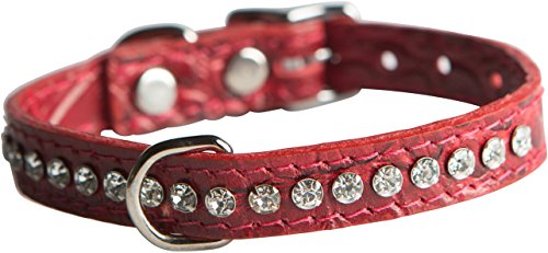 Image of Signature Leather Crystal Dog Collar, Red Crocodile Grain Leather, Fits 7.5 inch-9.5 inch Neck Size, 12 inch Overall Length