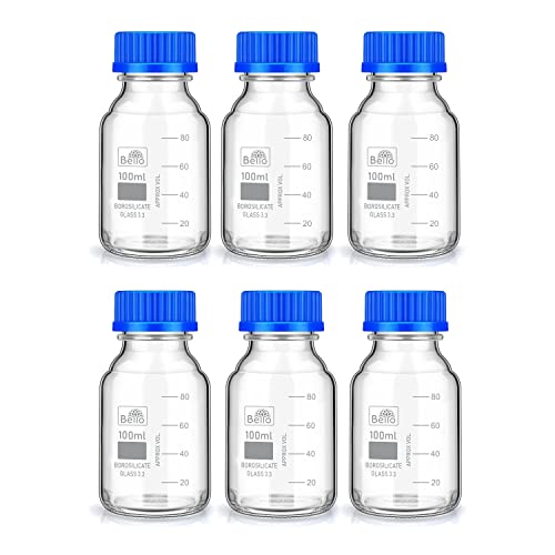 Image of Bello Borosilicate Glass reagent bottle 100ml with leak proof Blue Screw Cap pack of 6pcs for glassware wide mouth sample bottles for lab, laboratory, kitchen and professional use
