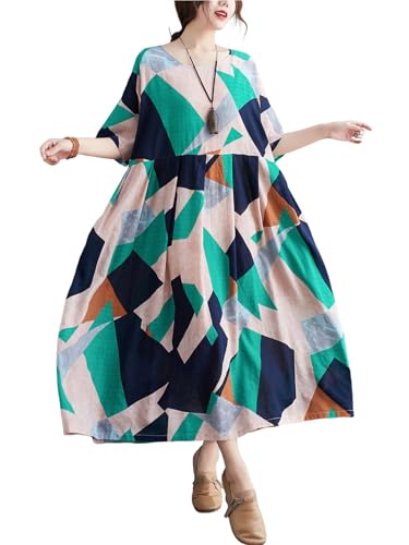 Image of Women Plus Size Color Block Dress Geometric Block Print Round Neck Side Pockets Casual Loose Dresses
