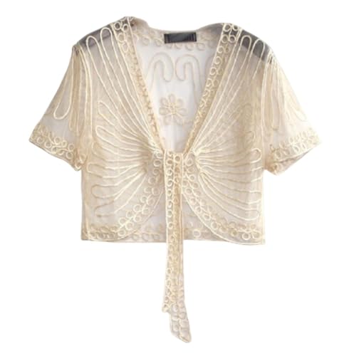 Cárdigan Mujer,Mujer Manga Corta Encogimiento De Hombros Verano Crochet Floral Encaje Bolero Cardigan Malla Negro Bordado Chaqueta Corbata Delantera Elegante Hombro Chaqueta Ver A Través De Cubrir