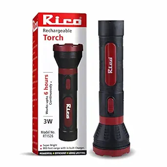 Rico Built in Charger Military Grade High Power Long Distance Torch Light Upto Upto 900 ft Long Non Stop 6 Hours Working | 3 Watt