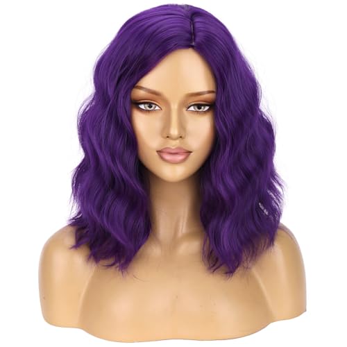 Image of BERON Purple Short Wig Women Girls Curly Wavy False Hair Wigs Body Costume Cosplay Daily Party Heat Resistant Synthetic Wigs