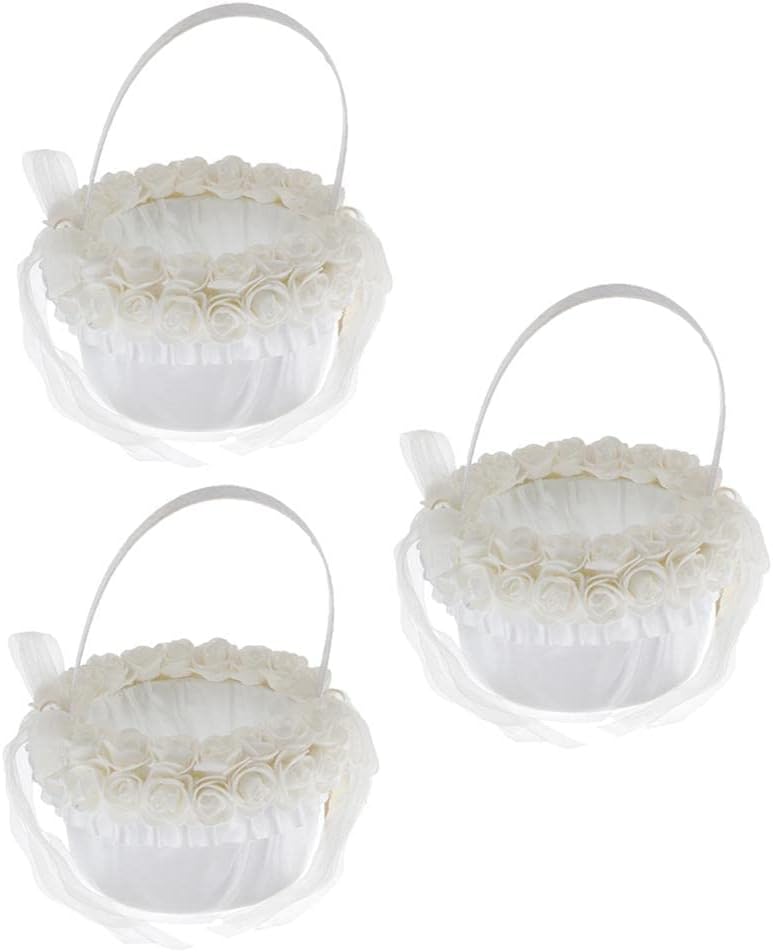 3Pcs White Lace Flower Girl Basket Set - Round Wedding Ceremony Baskets for Flower Petals, Gifts, and Decorations