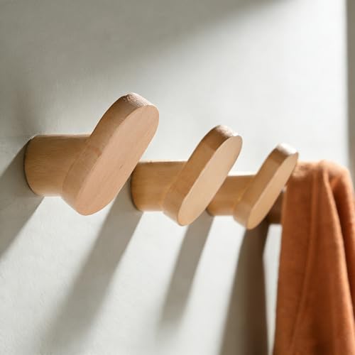 DELITON Wood Wall Hooks - 4 Pack Coat Hooks Modern Minimalist, Natural Wood Towel Hooks for Hanging Hat, Towel, Robe, Bag, Suitable for Bathroom Bedroom Entryway