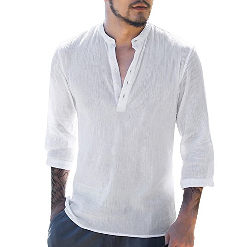 Camisa Hombre Lino Blusa Casual Transpirable Top Manga Larga Suelta Botón Camisas Sin Cuello De Color Sólido Trabajo Shirt B Blanco Small Cover