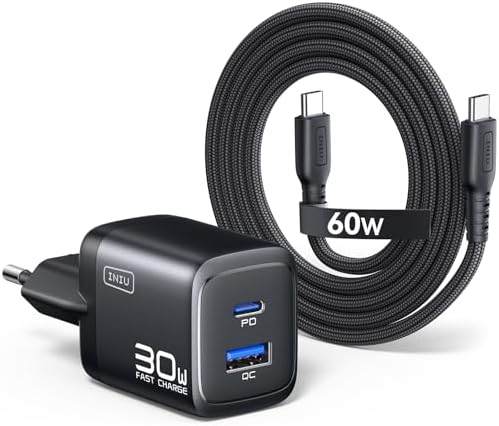 INIU 30W USB C Ladegerät, Dual-Port GaN Schnellladegerät mit 1,5m 60W Kabel | Intelligentem Geräteschutz, GaN-Technologie, für Laptop, iPhone 18 17 16 Pro Max, MacBook, Galaxy S26,