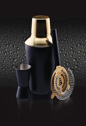 Image of Barcraft Premium Cocktail Making Kit for thinKitchen - 3-Piece Black & Gold Gift Set with 500ml Boston Shaker, Jigger & Strainer - Stainless Steel Barware, 10 x 10 x 19 cm