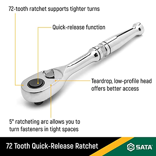 Sata 1/4-Inch Drive 72-Tooth Quick-Release Ratchet With A Teardrop Head, Polished Chrome Finish - St11971U #TOP1