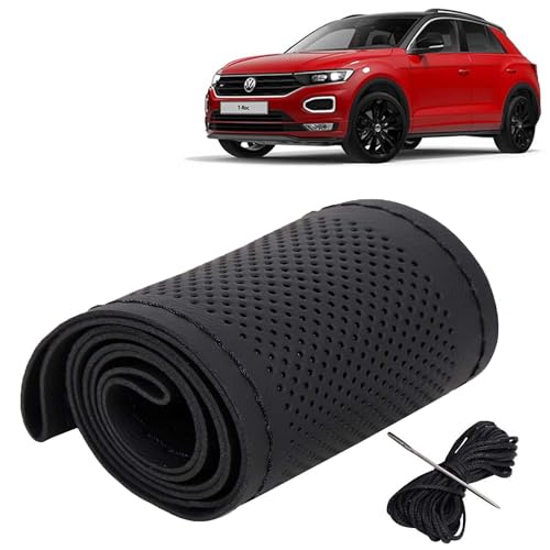 Image of KINGSWAY PU Leatherite Car Steering Cover Sewable Compatible with Volkswagen T ROC (Year 2020 Onwards), Black Color with Black Thread, Pack of 1 with Sewing Needle and Thread