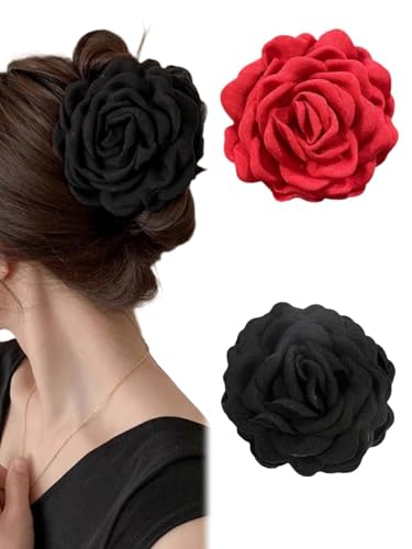 2-Pack Fabric Rose Flower Claw Clips for Women, Red and Black
