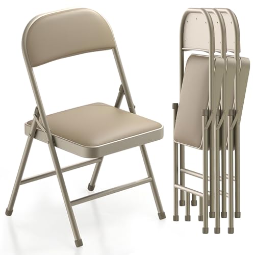 Klappstuhl 4er Set Klappstühle Gepolstert, Gästestuhl Klappbar Bequem Stapelstuhl Belastbarkeit 158 kg, Stuhl Klappbar Küche Klappstuhl für Küche Yoga Camping Khaki