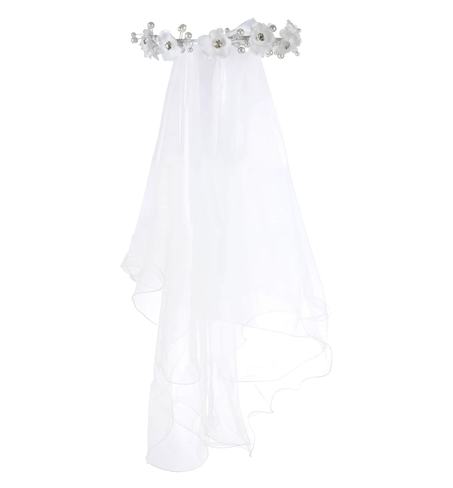 Merroyal Girls White First Communion Veil With Floral Crown, Tulle, 17 Cm Crown, 61 Cm Veil, One Size