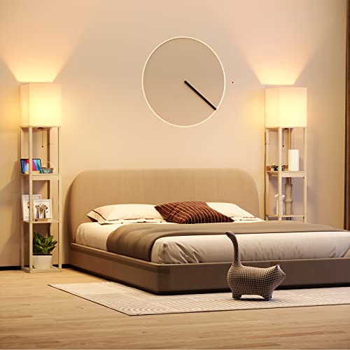 Image of SUNMORY Floor Lamp with Shelves,Modern Dimmable Wood Standing Lamp with 1 Drawer and 2 USB Ports & 2 Power Outlet,Corner Tall Bookshelf Lamp for Living Room and Bedroom(Wood Color)