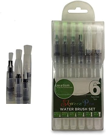 Water Brush Pen 6 Assorted Tip Watercolor Brushes SkweezPen Variety Set for Painting Shading Coloring Gouache Lettering Calligraphy