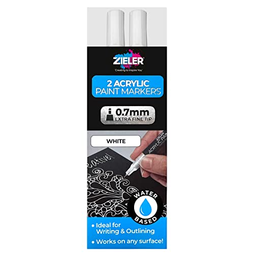 Zieler 2 Extra Fine (0.7mm) Acrylic Paint Pens Ideal for Writing and Outlining on Rock Painting, Ceramic, Porcelain, Glass, Stone, Pebble, Fabric, Board and Wood. (White)