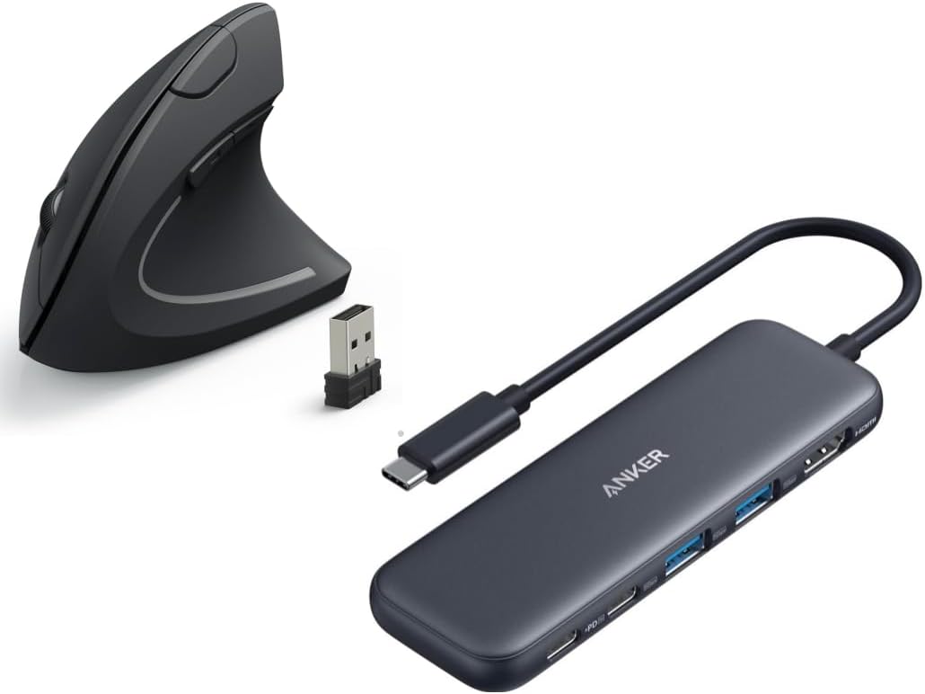 Anker USB C Hub, 5-in-1 USBC to HDMI Splitter with 4K Display&Anker 2.4G Wireless Vertical Ergonomic Optical Mouse for Work