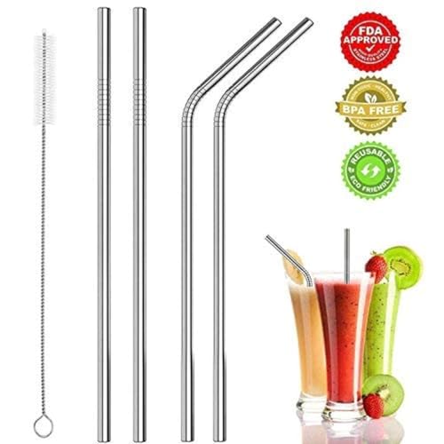 Image of WEZOSHINET Stainless Steel Straws for Drinking with Cleaning Brush for Kids and Adults Reusable Metal Straw Set Drinking Juice & Drinks Reusable Straw Pipe (2 Bent + 2 Straight +1 Brush)