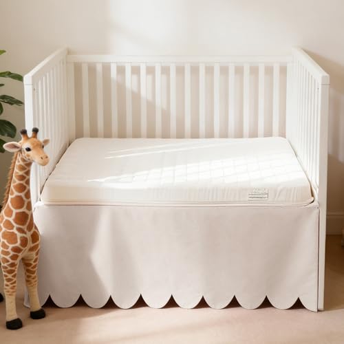 100% Cotton Scallop Edge Crib Bed Skirt, 28"x 52" with 14" Drop, 4-Sided Soft Breathable Cotton Bedding Skirt for Baby Boys Girls, Elegant Vintage Chic Boho Nursery Decor Toddler Bedskirt