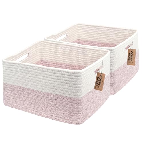Image of COMFY-HOMI 2 pcs Large Storage Baskets for Shelves, Laundry Basket, Woven Rope Basket, Closet Organizer Bins for Clothes Blanket Towels, Baby Nursery, Gift Toy Baskets, 17” x 13” x 7.5”-White/Pink