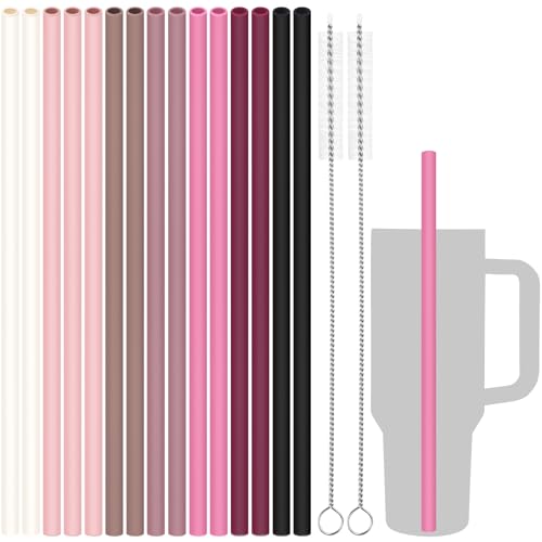 Tomorotec Lot de 15 pailles réutilisables en silicone de 31 cm avec brosses de nettoyage pour gobelets Stanley de 1200 ml, 850 ml, 591 ml, sans bruit, sans BPA, en silicone de qualité alimentaire,