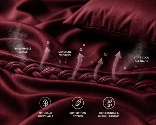 Image of Noare Cooling Bamboo Bedsheet King Size for Double Bed - Breathable & Ultra Soft Summer Bedding Set with 1 Fitted Bedsheet and 2 Pillow Covers - Luxury Cooling for Hot Sleepers | Wine Red.